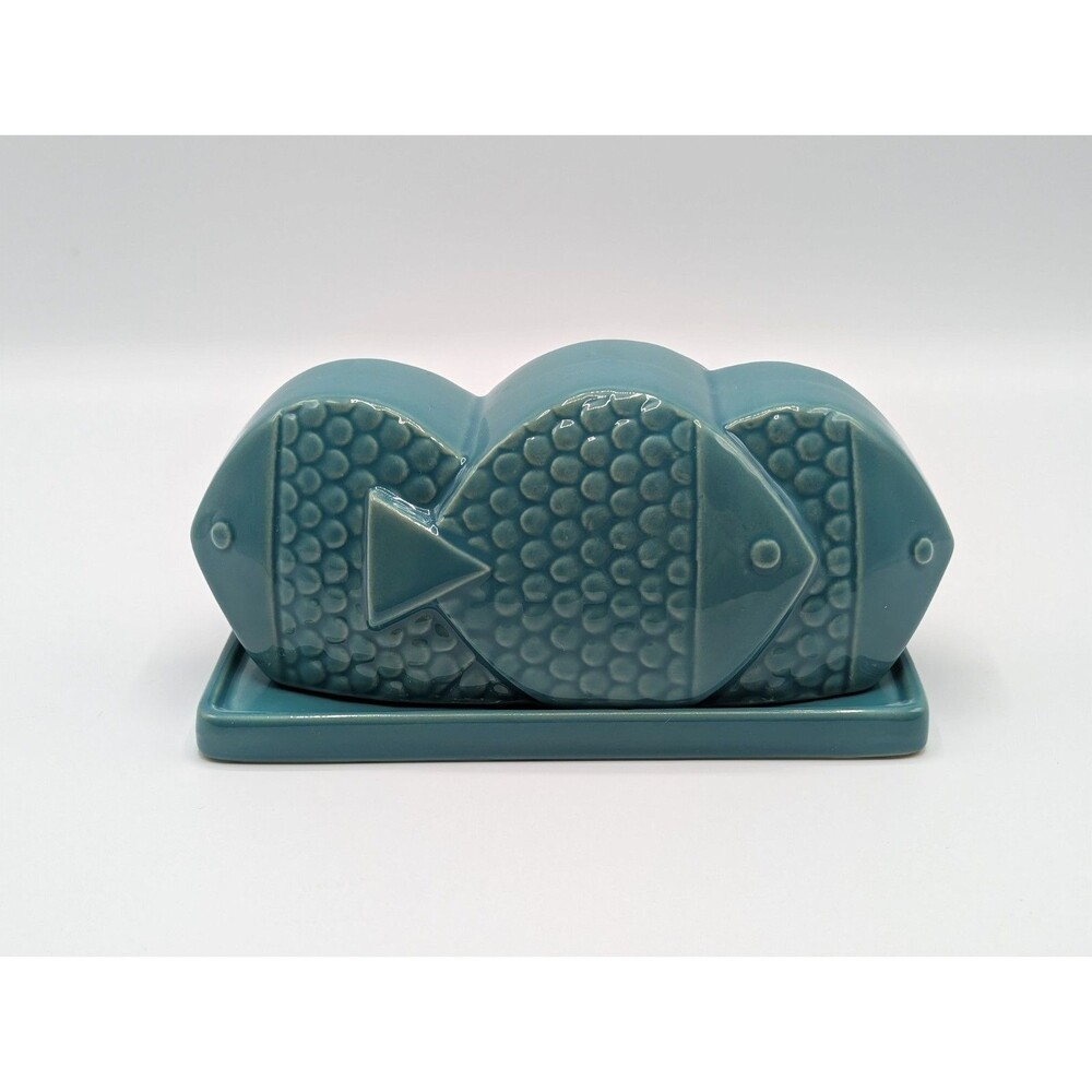 2-Piece West Elm Butter Dish Teal Ceramic 3D Fish Shaped Lidded Set Vintage